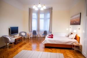 a bedroom with a bed and a tv and chairs at Apartment Charles in Budapest