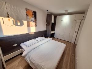 アラドにあるPanoramic view-Excelent locationのベッドルーム(白いシーツを使用した大型ベッド1台付)