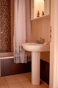 een badkamer met een witte wastafel en een douche bij Meltemi Beach Apartments 2 in Milatos