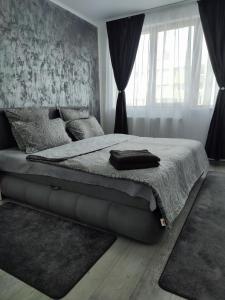 ein Schlafzimmer mit einem Bett und einem großen Fenster in der Unterkunft Naty's Place! in Sibiu