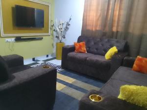 ein Wohnzimmer mit 2 Sofas und einem Flachbild-TV in der Unterkunft Mixtech Vacation Home -MVH in Sunyani
