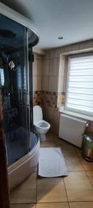 a bathroom with a shower and a toilet in it at Pokoje Goscinne in Orzesze