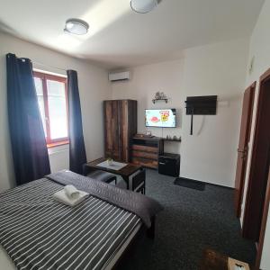 um quarto de hotel com uma cama e uma televisão em Penzion a Restaurace Simanda em Praga
