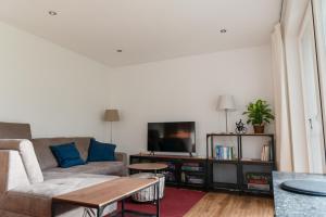 ein Wohnzimmer mit einem Sofa und einem TV in der Unterkunft Ruhige Ferienwohnung „Südhang“ direkt am Wald in Bad Arolsen