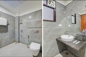 two pictures of a bathroom with a toilet and a sink at KJ homes in Lucknow