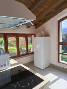 a kitchen with a white refrigerator and windows at Eguzkitza in Rentería