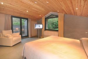 um quarto com uma cama, uma cadeira e uma televisão em NH Collection Andorra Palomé em La Massana