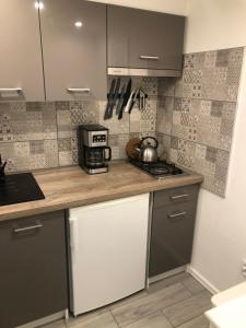 a kitchen with gray cabinets and a coffee maker on the counter at Villa Pod Orzechem w Zaniemyślu in Zaniemyśl