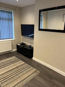 uma sala de estar com uma televisão de ecrã plano e um tapete em 2 bed modern ground floor apartment em Tollbar End