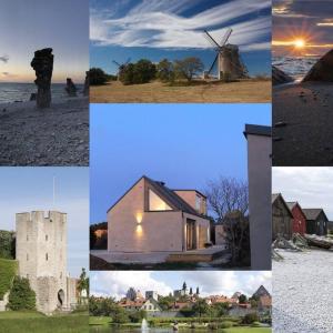 un collage de fotografías de casas y un molino de viento en Luxurious design villa near beach - sleeps 8+, en Klintehamn