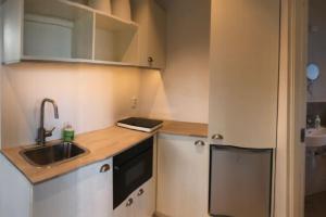 a small kitchen with a sink and a dishwasher at Luxurious design villa near beach - sleeps 8+ in Klintehamn