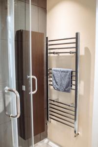 a bathroom with a shower and a towel rack at Spacious Flat with Free Parking in Harrogate