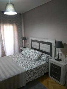 1 dormitorio con 1 cama, 2 lámparas y ventana en VUT Casa Miranda 51, en Salamanca