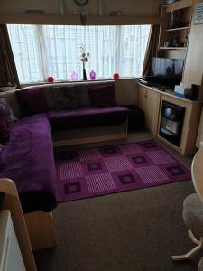 a living room with a purple couch and a rug at 3 bed static caravan in Chapel Saint Leonards