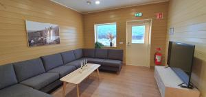 a living room with a couch and a tv at Umfors Camping in Umasjö