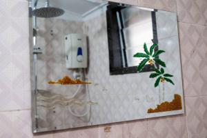 einen Spiegel an der Wand eines Badezimmers mit einer Palme in der Unterkunft Stunning 4-Bed Villa in cocody engre Abidjan in Cocody