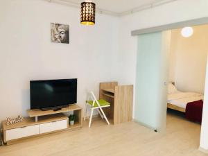 uma sala de estar com uma televisão de ecrã plano e uma cama em Joy City Stay Vivalia V4-5 em Timisoara