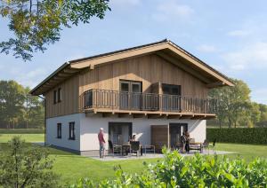 a rendering of a house with a balcony at Clofers Nature Chalets Obermöschach in Hermagor