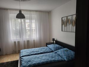 フラウエンキルヒェンにあるGemütliches Wohnen in Frauenkirchen im Burgenlandのベッドルーム(青いベッド1台、窓付)
