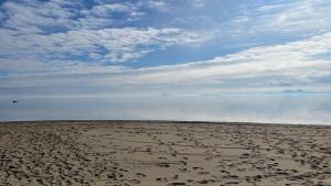 una spiaggia con impronte di piedi nella sabbia e nell'acqua di Charming Beachfront apartment a Murcia