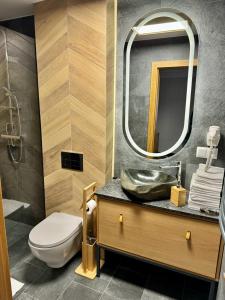 bagno con servizi igienici, lavandino e specchio di Richmount Apartamenty Karpacz a Karpacz