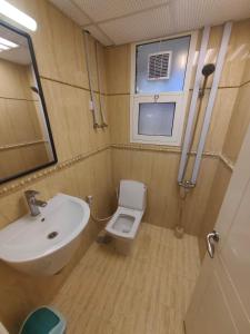 ein kleines Bad mit einem Waschbecken und einem WC in der Unterkunft الشقة البحرية الدهاريز in Salalah