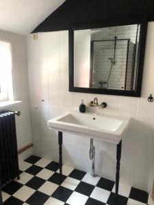 een badkamer met een witte wastafel en een spiegel bij Apartamenty Gościnne 54 Szklarska Poręba in Szklarska Poręba +9 foto's