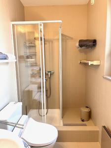 La salle de bains est pourvue d'une cabine de douche et de toilettes. dans l'établissement Mon Bijoux, à Ascona