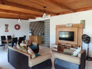 sala de estar con sofás y TV de pantalla plana. en CASA LLARETA, en San Pedro de Atacama