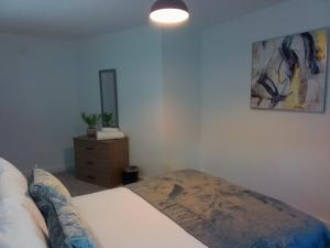 a bedroom with a bed and a dresser and a mirror at Apartment 13, Plants Yard in Worksop