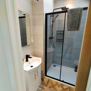 W łazience znajduje się szklana kabina prysznicowa i umywalka. w obiekcie Maple Gardens Studio w mieście Church Fenton