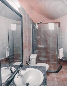 La salle de bains est pourvue d'un lavabo, d'une douche et de toilettes. dans l'établissement RUM ROYAL FLOWER lUXURY CAMP, à Wadi Rum