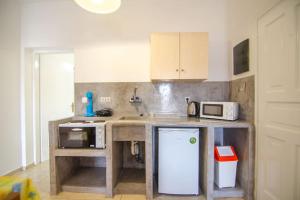 uma cozinha com um balcão, um frigorífico e um micro-ondas em Sunshine Studios em Mylopotas