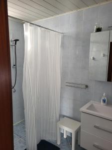 a bathroom with a shower curtain and a sink at Gemütliches Wohnen in Frauenkirchen im Burgenland in Frauenkirchen