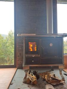 a wood stove in a room with a teddy bear at Refugio Golondrina in Futrono