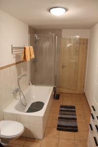 een badkamer met een douche, een bad en een toilet bij Sport Rees - Ferienwohnung Stefanie in Hofsgrund