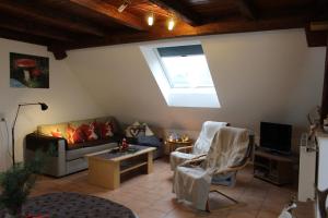 ein Wohnzimmer mit einem Sofa und einem Dachfenster in der Unterkunft Sport Rees - Ferienwohnung Pia in Hofsgrund