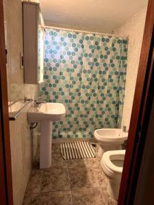 ein Badezimmer mit Waschbecken, Toilette und Dusche in der Unterkunft Departamento Del Centro Primer Piso in El Bolsón