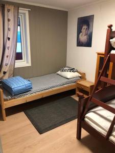 a bedroom with a bunk bed and a window at Nyrestaurert og koselig hytte ved Skjelbredvatnet. in Sandvika