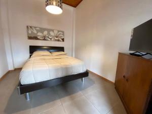um quarto com uma cama e uma televisão de ecrã plano em Hostal La Casona em Papudo