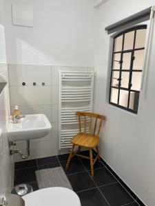 La salle de bains est pourvue d'un lavabo et d'une chaise. dans l'établissement Brennerei Federow, à Federow
