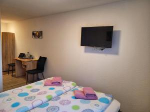 a room with a bed with a flat screen tv on the wall at Kulturstätte Gröditz in Gröditz