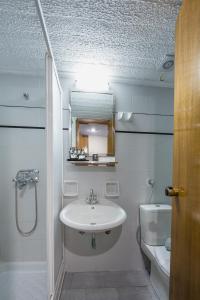 a bathroom with a sink and a mirror and a toilet at Arahova Inn Hotel in Arachova