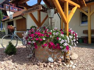 ein Blumentopf vor einem Gebäude in der Unterkunft Ferienwohnung Perkuhn in Sankt Georgen im Schwarzwald