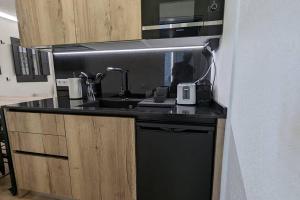 um balcão de cozinha com um lavatório e um micro-ondas em Madrid - La Latina de 1 a 4 alojados em Madrid