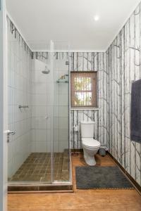 a bathroom with a toilet and a shower at Sunset Lane Fairmile Point in Knysna