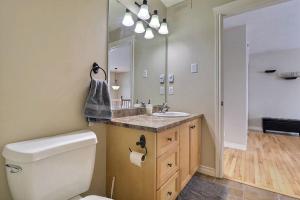 een badkamer met een toilet, een wastafel en een spiegel bij Home in Central Moncton WFH NBCC in Moncton