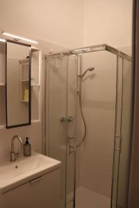 y baño con ducha acristalada y lavamanos. en City Apartment Rudolf 26m2 en Graz