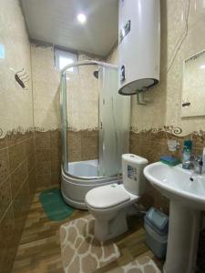 ein Bad mit einer Dusche, einem WC und einem Waschbecken in der Unterkunft Pamir Hotel-Hostel in Duschanbe