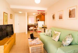 a living room with a green couch and a television at Poseidón Arena Beach in Puerto de Santiago